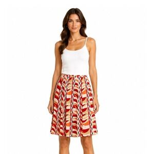 Josephine Chaus Silk Midi Skirt Women 6 Side Zip Orange Red Pleated Artsy Retro